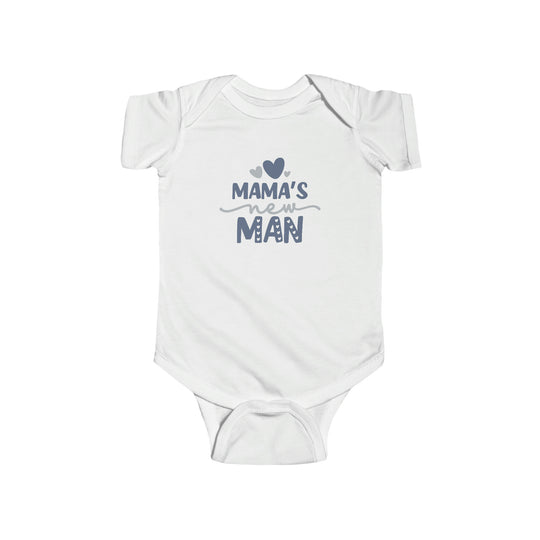 A durable and soft infant fine jersey bodysuit, featuring plastic snaps for easy changing access. Made of 100% cotton with ribbed knitting for durability. Product title: Mama's New Man Onesie.