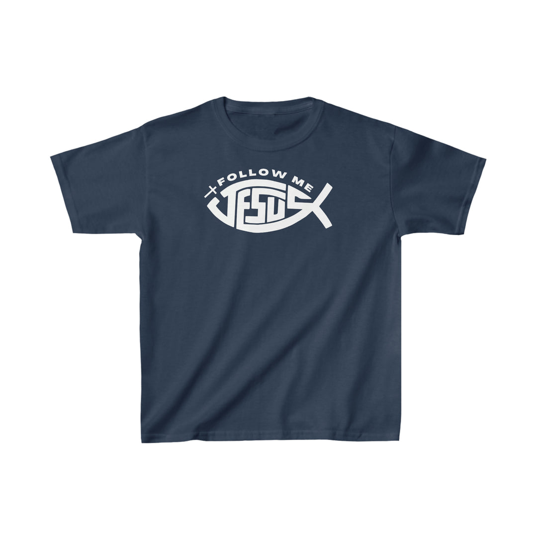 A Jesus Follow Me Kids Tee, a blue t-shirt with white text, perfect for everyday wear. Made of 100% cotton, featuring twill tape shoulders and ribbed knitting for durability and comfort. Classic fit, ideal for printing.