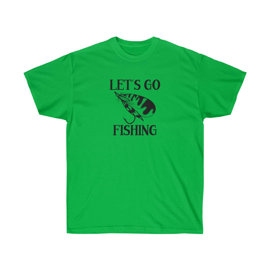 Unisex Let's Go Fly Fishing Tee: Classic cotton shirt with a fishing lure design. Quality construction, ribbed collar, tear-away label, sustainably sourced. Perfect for fishing enthusiasts.