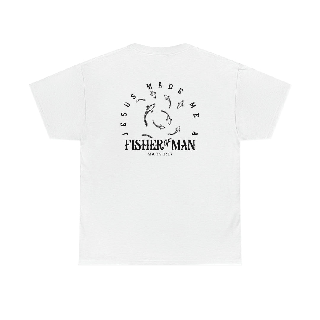 A white t-shirt featuring black text, arrows, and a fish logo. Unisex heavy cotton tee with no side seams, tape on shoulders, and ribbed knit collar for elasticity. Fisher of Man Tee by Worlds Worst Tees.