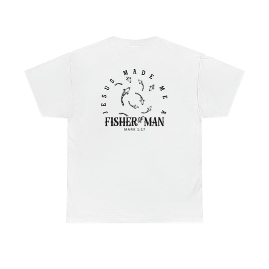 A white t-shirt featuring black text, arrows, and a fish logo. Unisex heavy cotton tee with no side seams, tape on shoulders, and ribbed knit collar for elasticity. Fisher of Man Tee by Worlds Worst Tees.