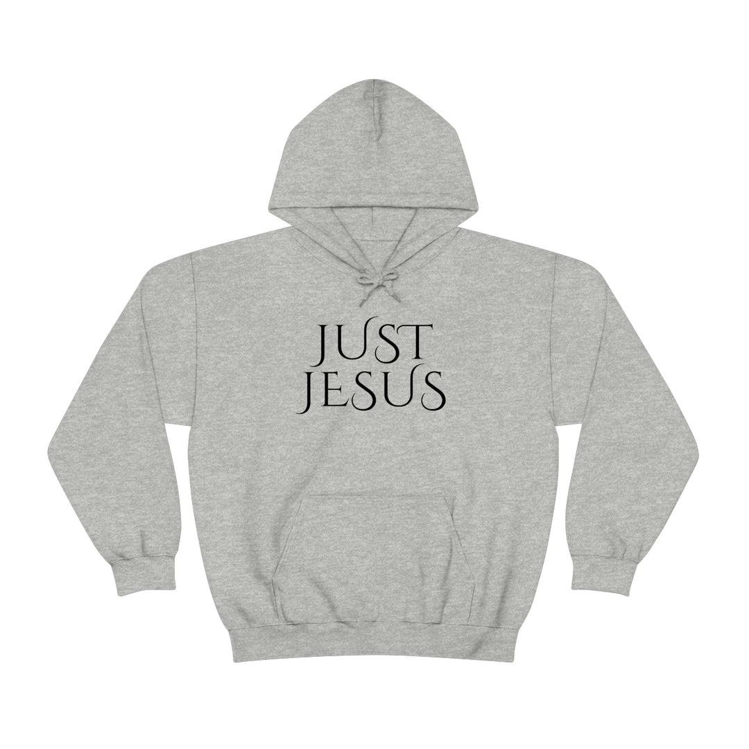 Unisex Just Jesus Hoodie: A cozy, cotton-polyester blend sweatshirt with kangaroo pocket, drawstring hood, and tear-away label. Classic fit, medium-heavy fabric for warmth and comfort.