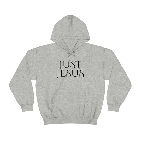Unisex Just Jesus Hoodie: A cozy, cotton-polyester blend sweatshirt with kangaroo pocket, drawstring hood, and tear-away label. Classic fit, medium-heavy fabric for warmth and comfort.