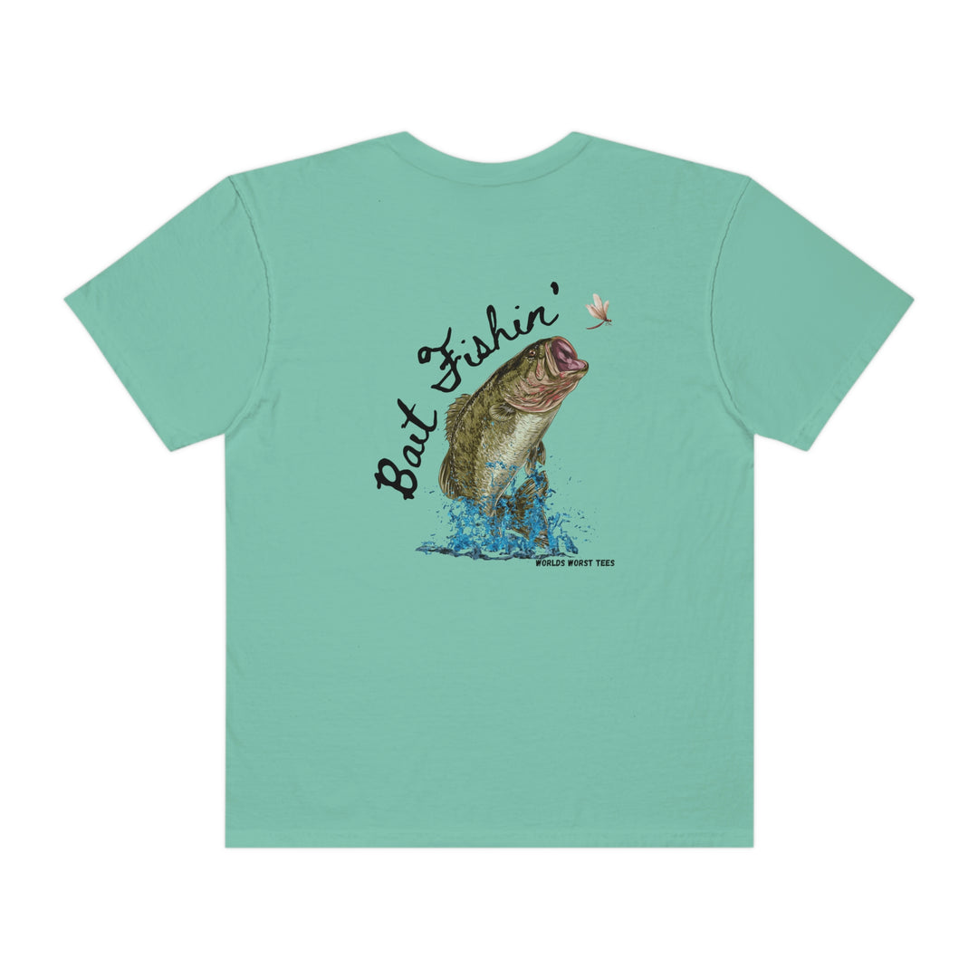 A relaxed fit Bait Fishin Tee, 100% ring-spun cotton, featuring a fish and a fly design on the back. Durable double-needle stitching, no side-seams for tubular shape retention. Sizes: S-3XL.
