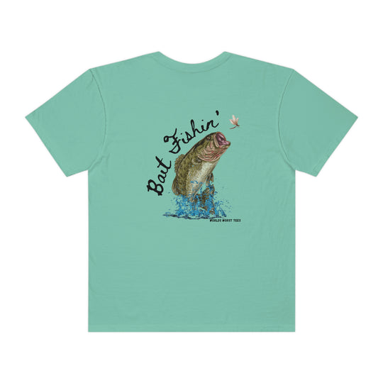 A relaxed fit Bait Fishin Tee, 100% ring-spun cotton, featuring a fish and a fly design on the back. Durable double-needle stitching, no side-seams for tubular shape retention. Sizes: S-3XL.