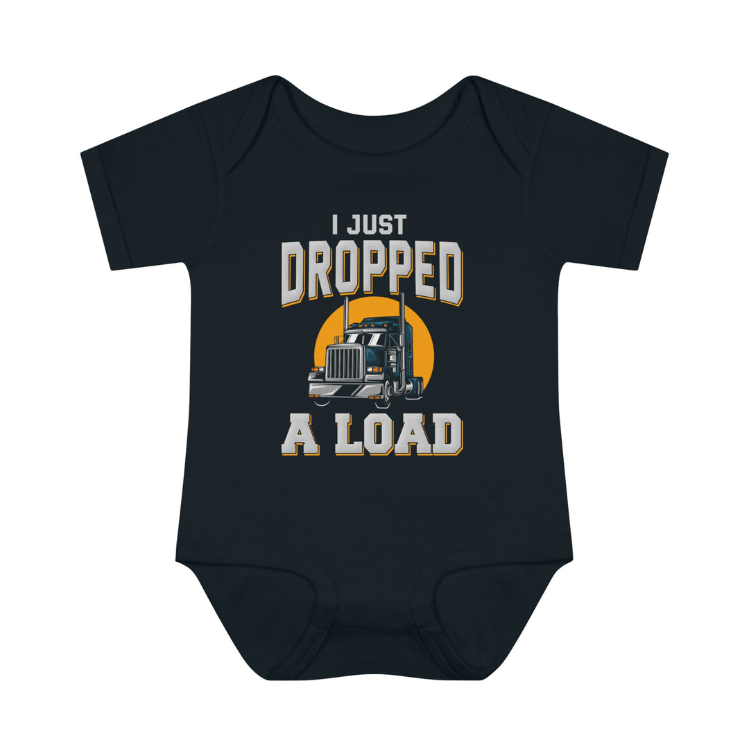 Infant black bodysuit with truck graphic, lap shoulders for easy dressing, and soft ring-spun cotton for comfort. Unisex fit, light fabric, ideal for younglings. From 'Worlds Worst Tees'.