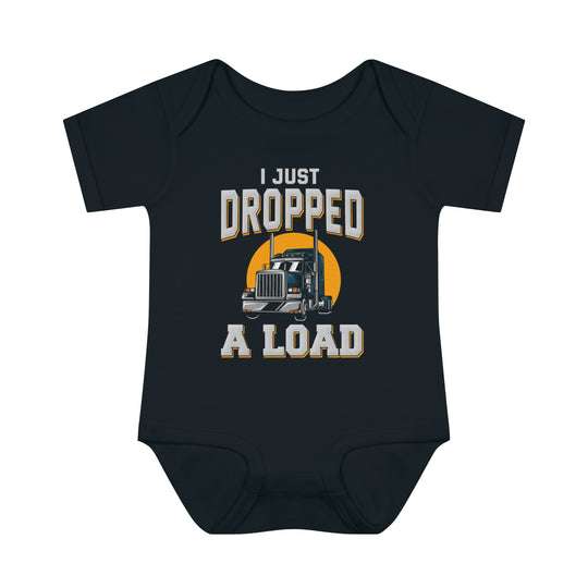 Infant black bodysuit with truck graphic, lap shoulders for easy dressing, and soft ring-spun cotton for comfort. Unisex fit, light fabric, ideal for younglings. From 'Worlds Worst Tees'.