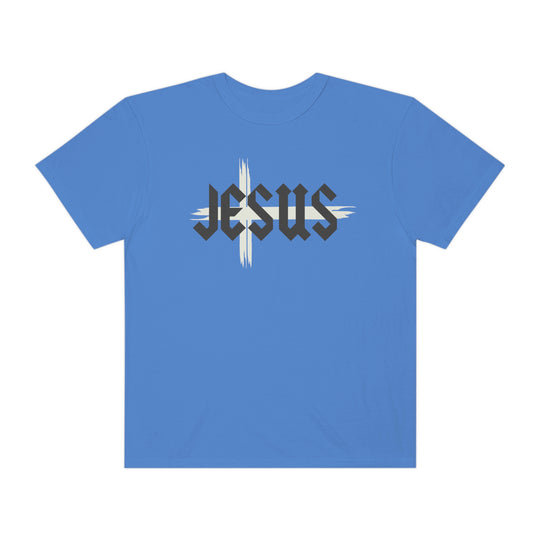 Relaxed-fit Jesus Tee in blue with a cross design. 100% ring-spun cotton, garment-dyed for coziness. Double-needle stitching for durability, seamless sides for a tubular shape. Sizes S-3XL.