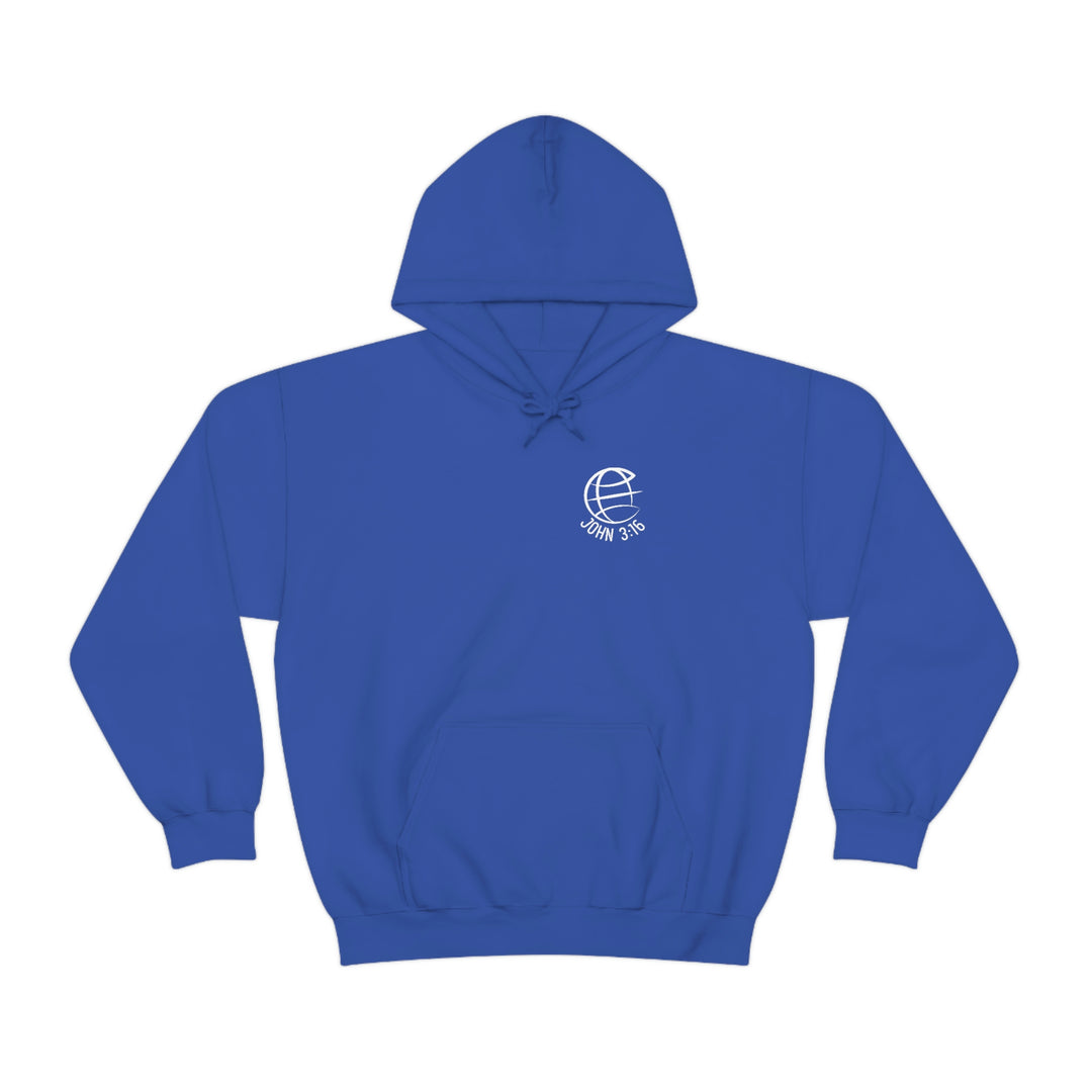 Unisex For God So Loved the World Hoodie, a blend of cotton and polyester, featuring a logo of a religious organization. Kangaroo pocket, drawstring hood, classic fit. Medium-heavy fabric.
