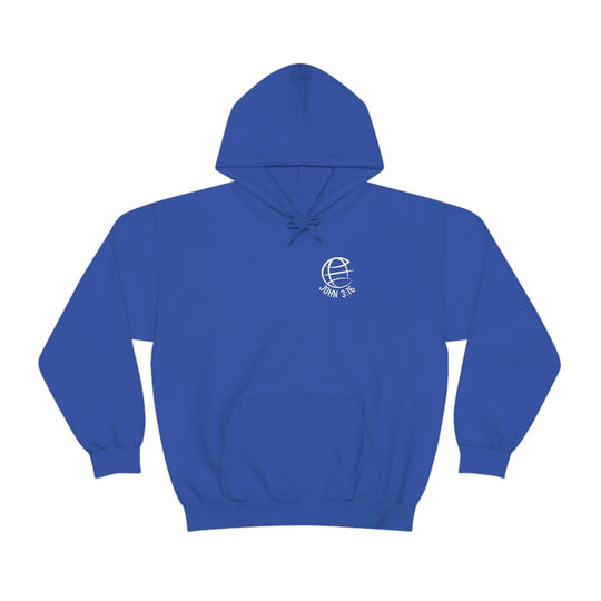 Unisex For God So Loved the World Hoodie, a blend of cotton and polyester, featuring a logo of a religious organization. Kangaroo pocket, drawstring hood, classic fit. Medium-heavy fabric.