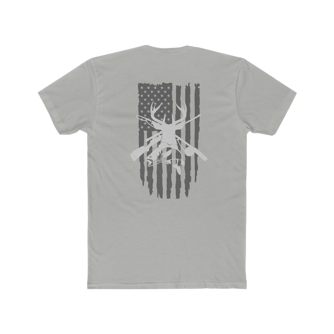 Real American Tee: Grey shirt featuring a flag and deer on the back. Comfy, light, premium fit, 100% cotton. Ideal for workouts or daily wear. Sizes XS-4XL.