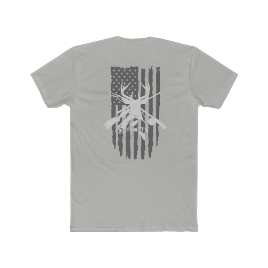 Real American Tee: Grey shirt featuring a flag and deer on the back. Comfy, light, premium fit, 100% cotton. Ideal for workouts or daily wear. Sizes XS-4XL.