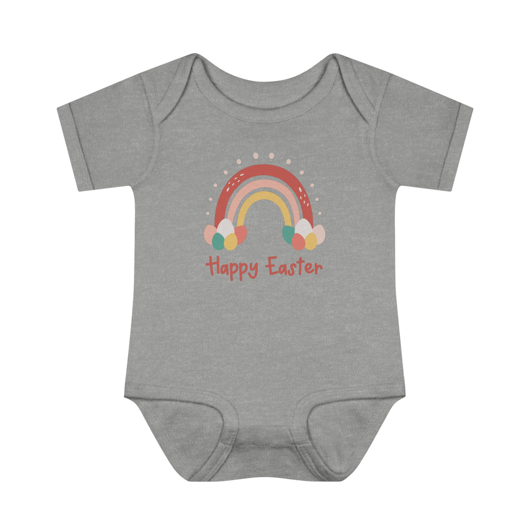 Infant Happy Easter Rainbow Onesie with lap shoulders, 100% cotton, unisex fit, light fabric. Perfect for younglings, featuring a rainbow and eggs design. Ideal for comfort and fidgeting ease.