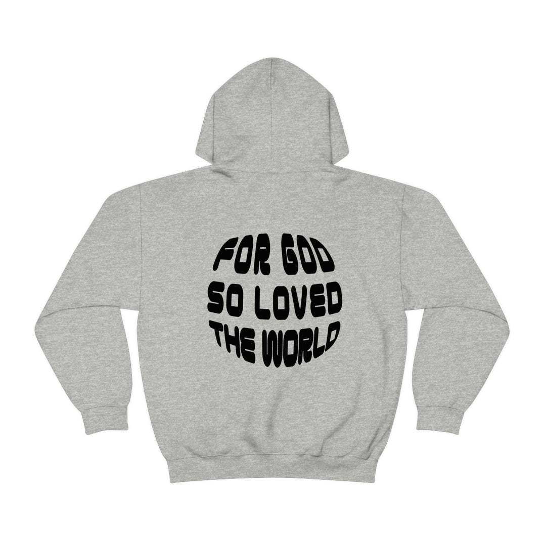 Unisex heavy blend hooded sweatshirt featuring For God So Loved the World design. Cotton-polyester fabric, kangaroo pocket, drawstring hood. Classic fit, tear-away label, medium-heavy fabric. Ideal for comfort and warmth.