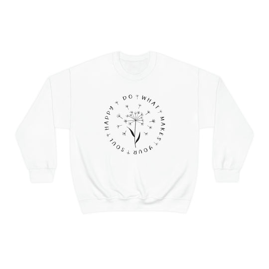 A white crewneck sweatshirt with a graphic design featuring a dandelion flower and words, ideal for comfort. Made of 50% cotton and 50% polyester, medium-heavy fabric, loose fit, and ribbed knit collar. Sewn-in label, true to size.