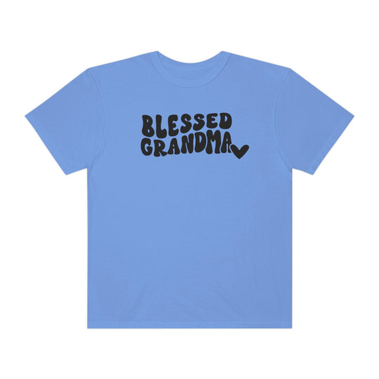 Blessed Grandma Tee: A blue shirt with black text, 100% ring-spun cotton, medium weight, relaxed fit, durable double-needle stitching, and seamless design for comfort from Worlds Worst Tees.