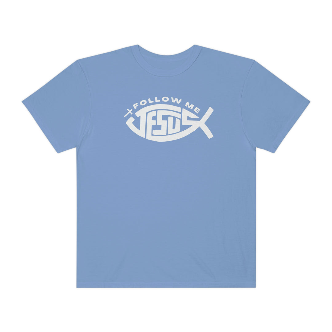 A relaxed fit Jesus Follow Me Tee, crafted from 100% ring-spun cotton. Garment-dyed for extra coziness, featuring double-needle stitching for durability and a seamless design. Ideal for daily wear.