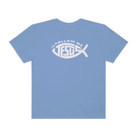 A relaxed fit Jesus Follow Me Tee, crafted from 100% ring-spun cotton. Garment-dyed for extra coziness, featuring double-needle stitching for durability and a seamless design. Ideal for daily wear.