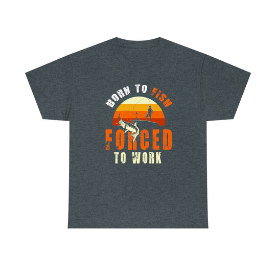 A grey Born to Fish Tee, featuring a graphic design of a man fishing on a boat. Unisex heavy cotton tee with ribbed knit collar, tape on shoulders for durability, and no side seams. Sizes S to 5XL.