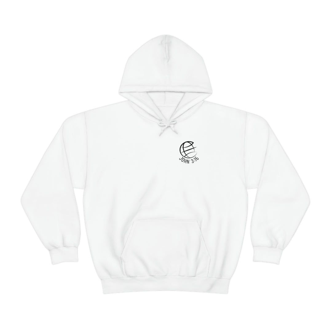Unisex For God So Loved the World Hoodie in white, featuring a globe logo on a cotton-polyester blend. Kangaroo pocket, drawstring hood, tear-away label. Classic fit, medium-heavy fabric. Ideal for printing.