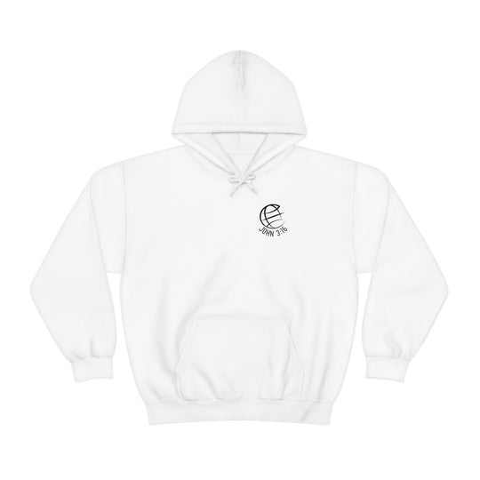 Unisex For God So Loved the World Hoodie in white, featuring a globe logo on a cotton-polyester blend. Kangaroo pocket, drawstring hood, tear-away label. Classic fit, medium-heavy fabric. Ideal for printing.