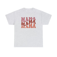 A staple Mama Tee in white with red text. Unisex heavy cotton tee with no side seams for comfort, tape on shoulders for durability, and ribbed knit collar. Classic fit, 100% cotton.