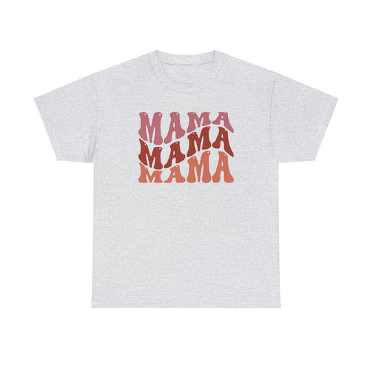 A staple Mama Tee in white with red text. Unisex heavy cotton tee with no side seams for comfort, tape on shoulders for durability, and ribbed knit collar. Classic fit, 100% cotton.