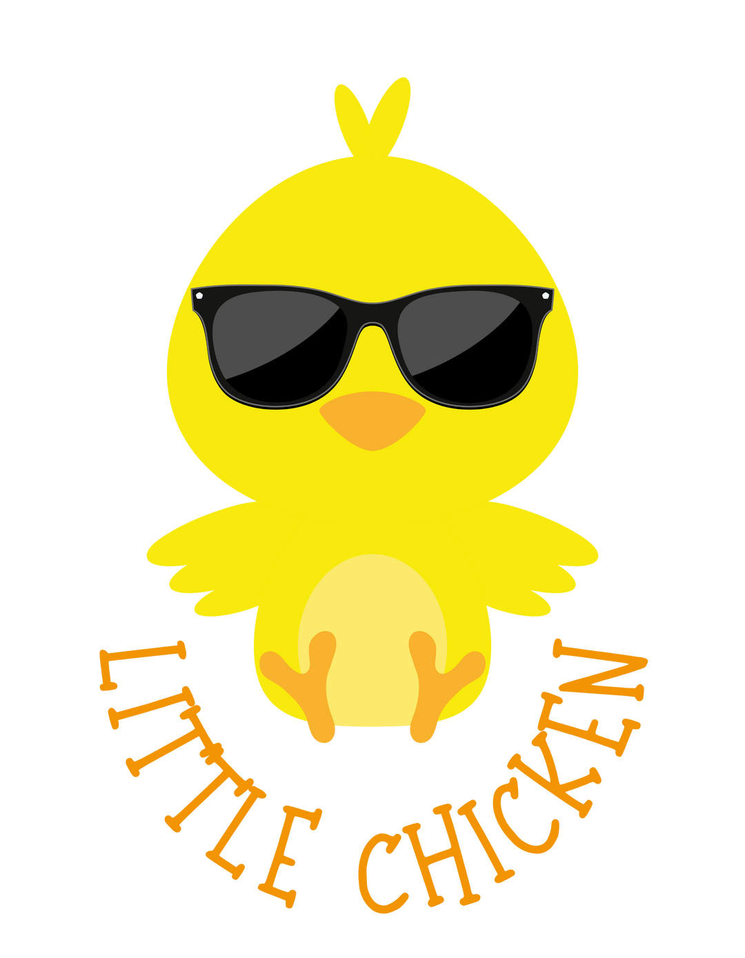 A Little Chicken Onesie for infants, featuring a yellow chick wearing sunglasses in a cartoon style. Made of soft ring-spun cotton, with lap shoulders for comfort and ease. Ideal for younglings.