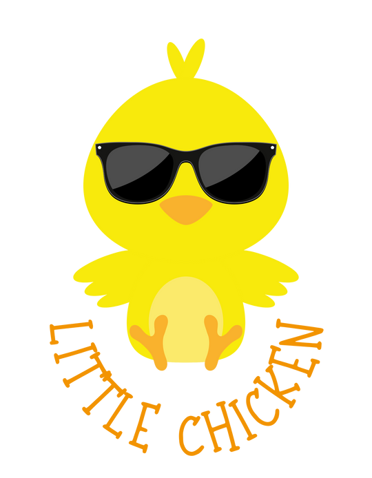 A Little Chicken Onesie for infants, featuring a yellow chick wearing sunglasses in a cartoon style. Made of soft ring-spun cotton, with lap shoulders for comfort and ease. Ideal for younglings.