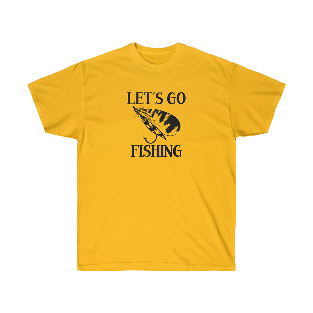 Unisex Let's Go Fly Fishing Tee: Classic cotton shirt with a fishing lure graphic. Quality construction, ribbed collar, tear-away label. Sustainable sourcing. Worlds Worst Tees product.