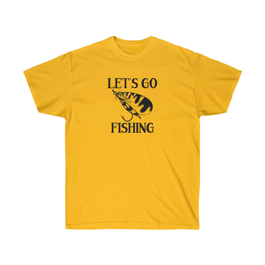 Unisex Let's Go Fly Fishing Tee: Classic cotton shirt with a fishing lure graphic. Quality construction, ribbed collar, tear-away label. Sustainable sourcing. Worlds Worst Tees product.