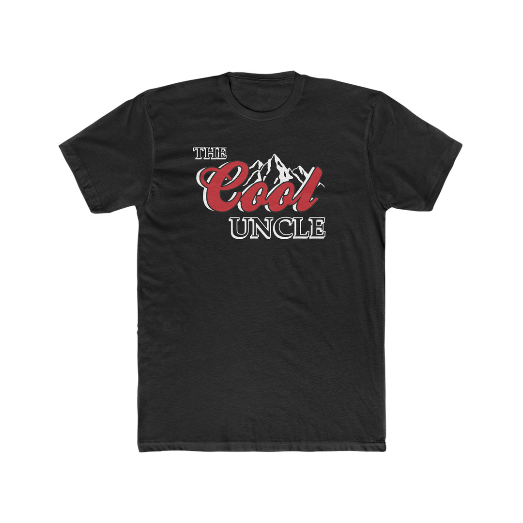 A premium fitted men’s short sleeve black t-shirt with white text, featuring a logo with mountains. Comfy, light, and roomy, made of 100% combed, ring-spun cotton. Ideal for workouts or everyday wear.