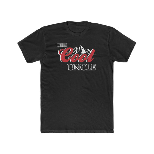 A premium fitted men’s short sleeve black t-shirt with white text, featuring a logo with mountains. Comfy, light, and roomy, made of 100% combed, ring-spun cotton. Ideal for workouts or everyday wear.