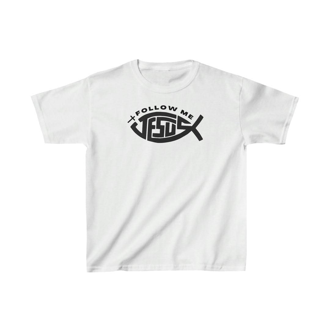 Kids Jesus Follow Me Tee: White shirt with black text design. 100% cotton, light fabric, classic fit. Shoulder twill tape, curl-resistant collar, seamless sides. Sizes: XS, S, M, L, XL.