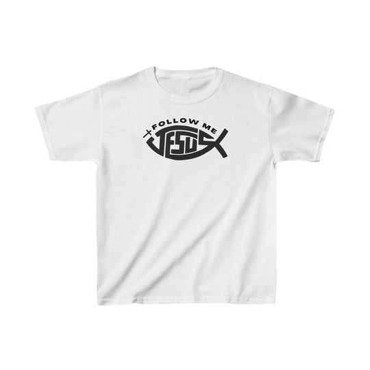Kids Jesus Follow Me Tee: White shirt with black text design. 100% cotton, light fabric, classic fit. Shoulder twill tape, curl-resistant collar, seamless sides. Sizes: XS, S, M, L, XL.