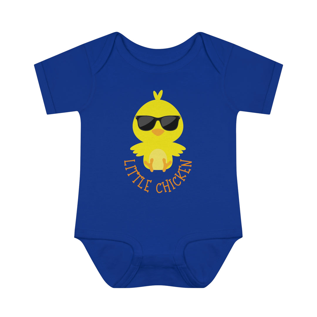 Little Chicken Onesie infant bodysuit with lap shoulders. Soft ring-spun cotton for comfort. Unisex fit, light fabric (5.0 oz/yd²). Perfect for younglings, featuring a cartoon chicken wearing sunglasses.