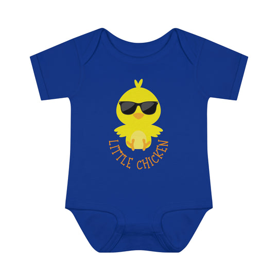 Little Chicken Onesie infant bodysuit with lap shoulders. Soft ring-spun cotton for comfort. Unisex fit, light fabric (5.0 oz/yd²). Perfect for younglings, featuring a cartoon chicken wearing sunglasses.