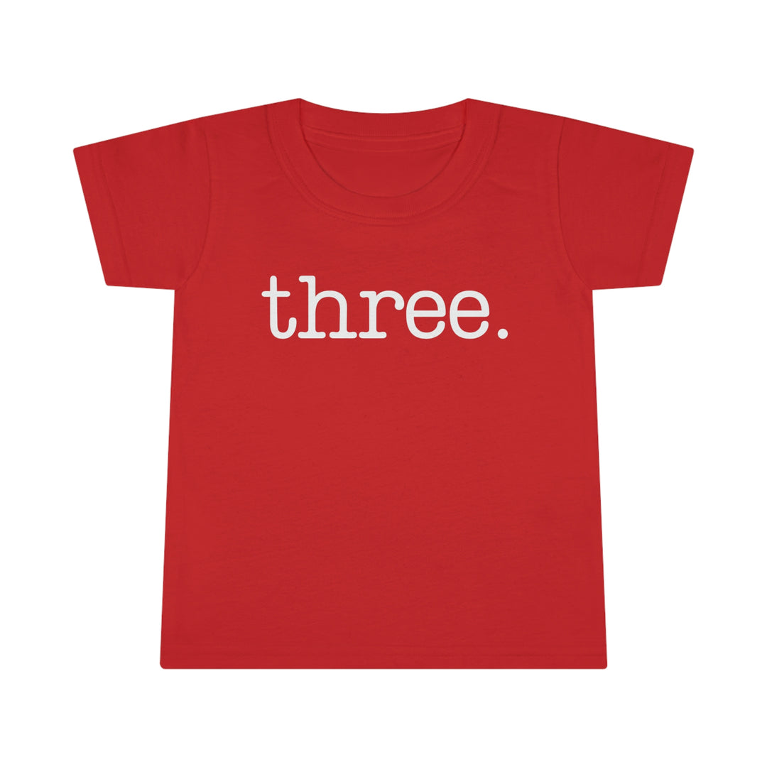 Three Toddler Tee with classic fit and durable construction. Made of 100% Ringspun cotton, featuring a 3/4 double-needle topstitched collar and double-needle sleeve and bottom hems. Light fabric, perfect for kids.