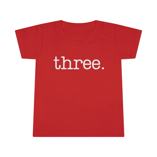 Three Toddler Tee with classic fit and durable construction. Made of 100% Ringspun cotton, featuring a 3/4 double-needle topstitched collar and double-needle sleeve and bottom hems. Light fabric, perfect for kids.