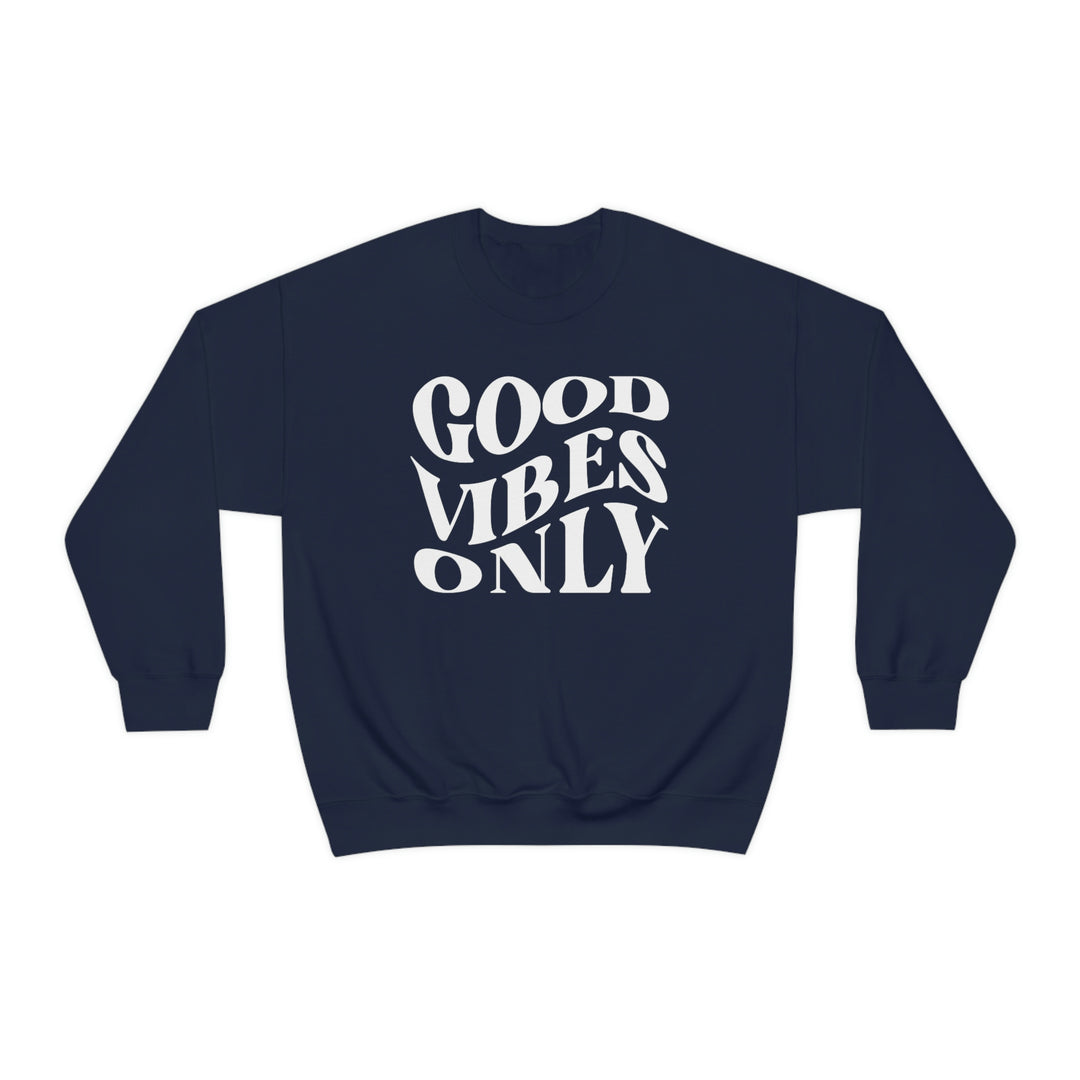 Unisex Good Vibes Only Crewneck Sweatshirt: A cozy blend of polyester and cotton, featuring a ribbed knit collar for lasting shape. Medium-heavy fabric, loose fit, and no itchy side seams. Ideal for comfort and style.