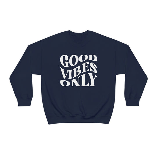 Unisex Good Vibes Only Crewneck Sweatshirt: A cozy blend of polyester and cotton, featuring a ribbed knit collar for lasting shape. Medium-heavy fabric, loose fit, and no itchy side seams. Ideal for comfort and style.