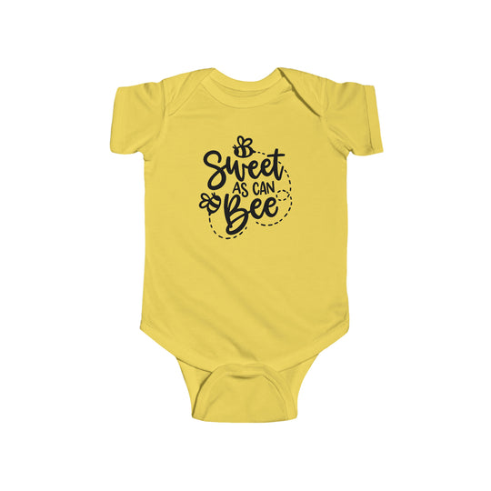 A durable and soft infant fine jersey bodysuit, featuring 100% cotton fabric for solid colors and ribbed knitting for durability. Plastic snaps at the cross closure for easy changing access. From Worlds Worst Tees, the Sweet as can Be Onesie.