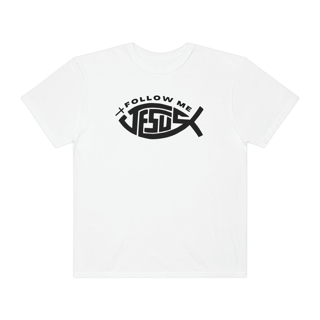 A relaxed fit Jesus Follow Me Tee crafted from 100% ring-spun cotton. Garment-dyed for extra coziness, featuring double-needle stitching for durability and a seamless design. Ideal for daily wear.