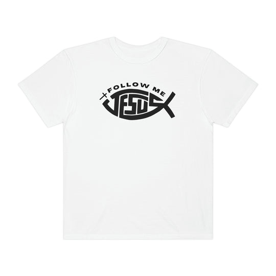 A relaxed fit Jesus Follow Me Tee crafted from 100% ring-spun cotton. Garment-dyed for extra coziness, featuring double-needle stitching for durability and a seamless design. Ideal for daily wear.