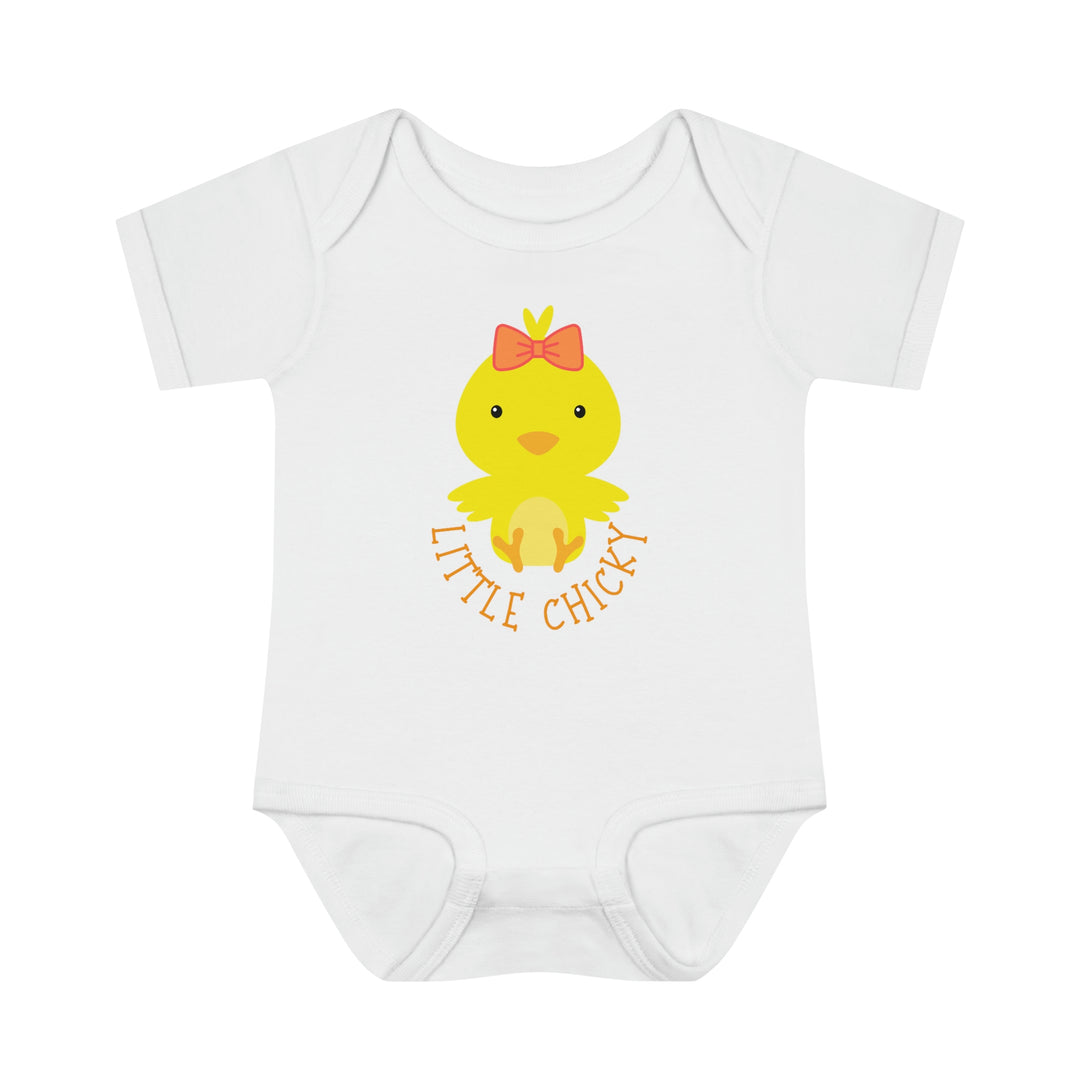 Infant Little Chicky Onesie with cartoon duck design. Soft ring-spun cotton, lap shoulders for easy dressing. Unisex fit, light fabric. Ideal for younglings. From Worlds Worst Tees.