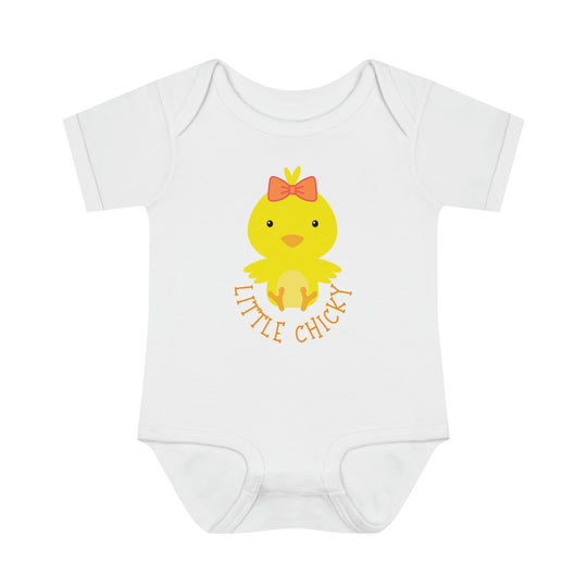 Infant Little Chicky Onesie with cartoon duck design. Soft ring-spun cotton, lap shoulders for easy dressing. Unisex fit, light fabric. Ideal for younglings. From Worlds Worst Tees.