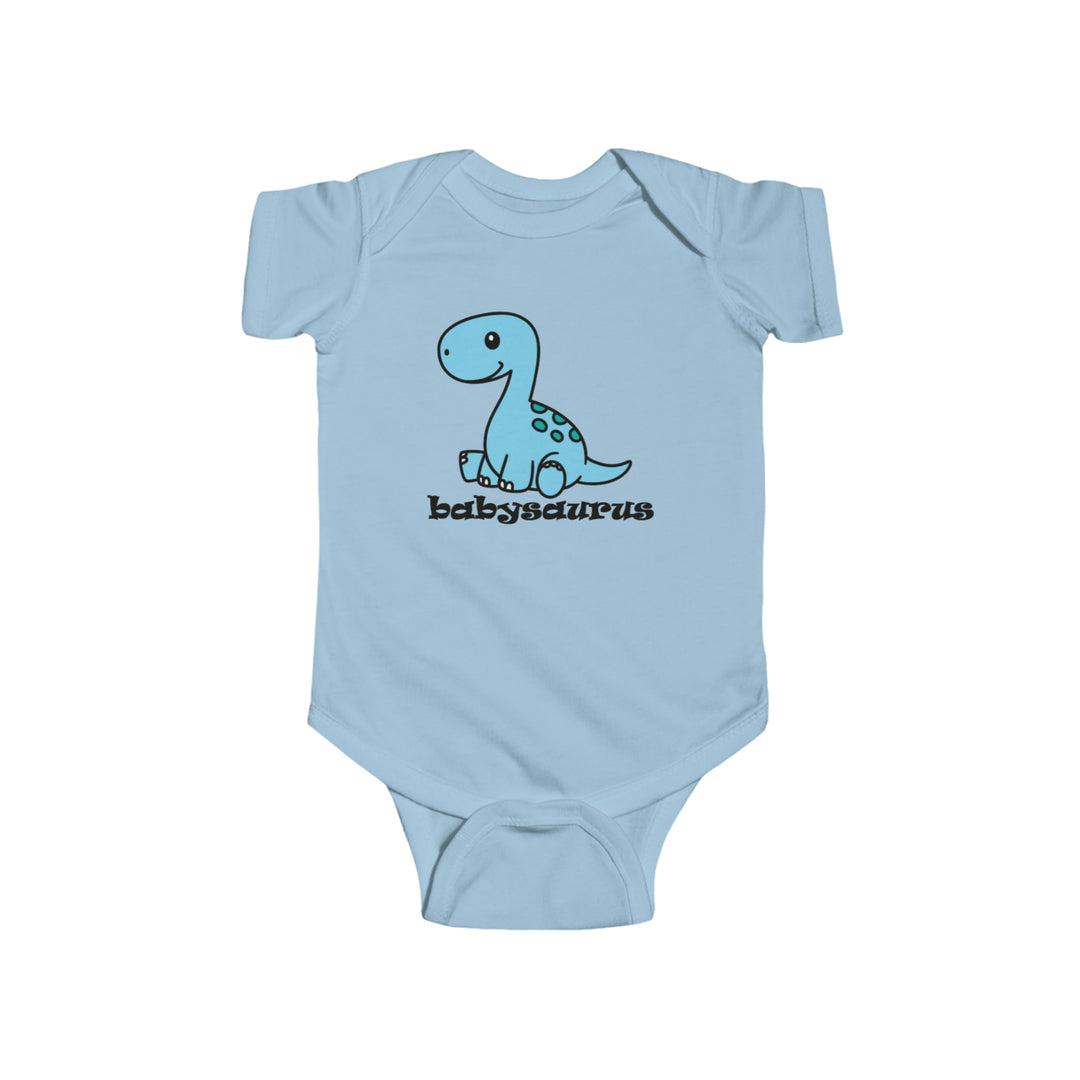 A durable and soft Babysaurus Onesie in baby blue, featuring a cartoon dinosaur design. Made of 100% cotton fabric with ribbed knitting for durability. Plastic snaps for easy changing access. Dimensions: Width - 7.32in to 12.01in, Length - 11.46in to 15.51in, Sleeve length - 2.52in to 3.50in. From Worlds Worst Tees.