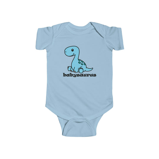 A durable and soft Babysaurus Onesie in baby blue, featuring a cartoon dinosaur design. Made of 100% cotton fabric with ribbed knitting for durability. Plastic snaps for easy changing access. Dimensions: Width - 7.32in to 12.01in, Length - 11.46in to 15.51in, Sleeve length - 2.52in to 3.50in. From Worlds Worst Tees.