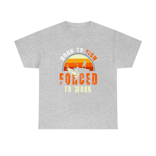 Unisex heavy cotton tee featuring a graphic of a man fishing on a boat. Classic fit, ribbed knit collar, and durable tape on shoulders. Ideal for casual wear. From 'Worlds Worst Tees'.
