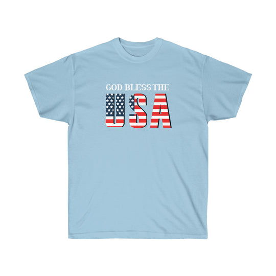 Unisex God Bless The USA Dudes Tee: Classic fit, 100% cotton, tear-away label. Quality construction, ribbed collar, sustainably sourced materials. No side seams, medium fabric. From 'Worlds Worst Tees'.